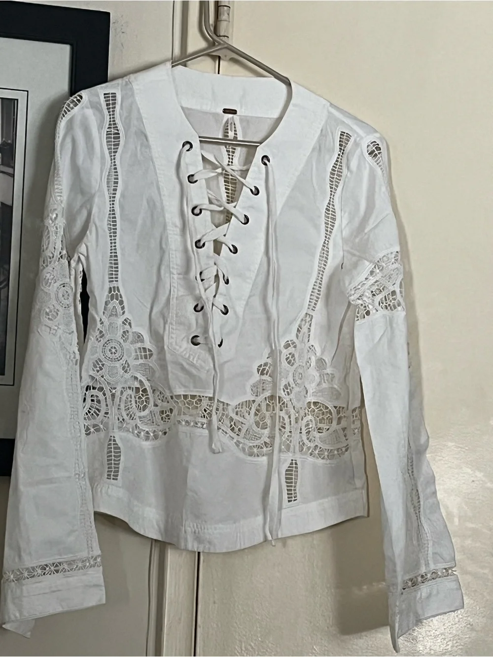 Free People White Lace-Up Crochet Peasant Blouse
